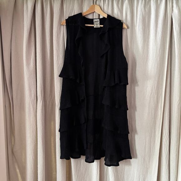 Vocal Sweaters - Black whimsigoth long open front ruffle‎ sleeveless cardigan